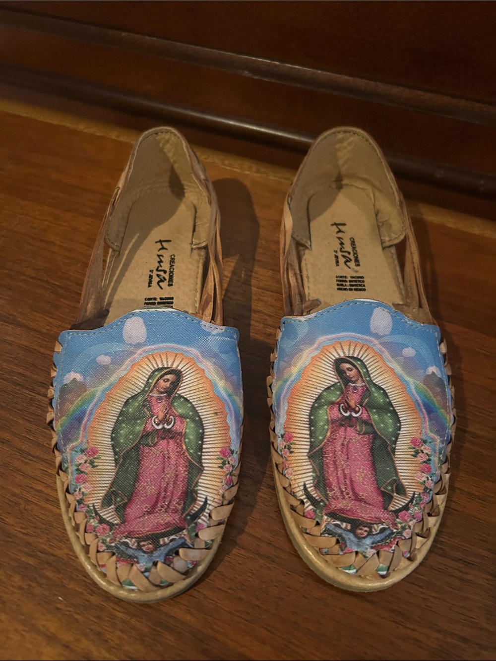 Hand-Painted Virgin Mary Women’s Slip-On Moccasins - Pink/Green